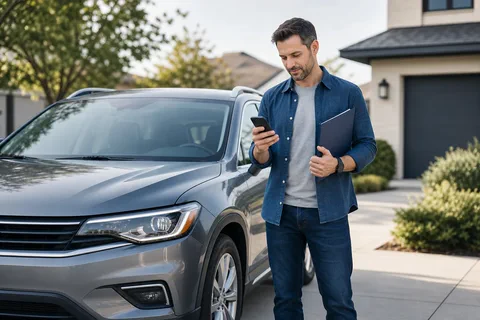 Driver reviewing insurance options beside a vehicle